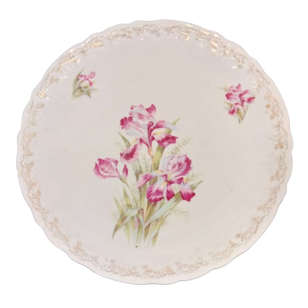 Antique Weimar Floral Porcelain Plate Germany Pink Irises Gold Scalloped 12 Inc